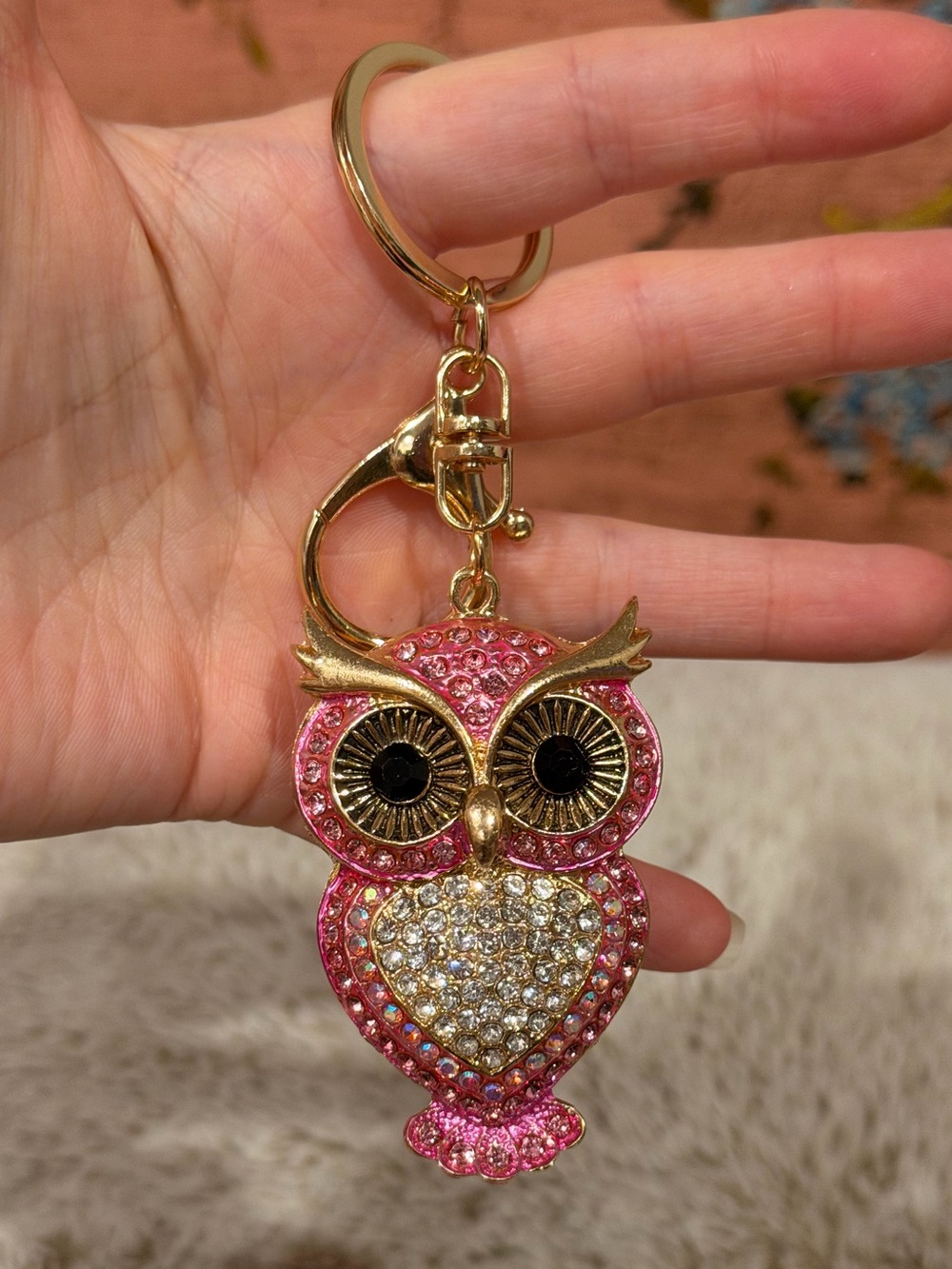 Pink Crystal Owl Keychain Bag Charm